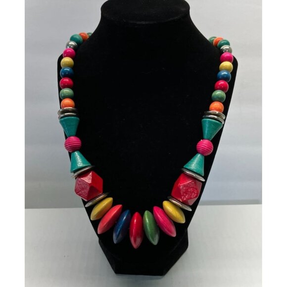 Handcrafted Rainbow Wooden Bead Necklace Geometric Shapes Graduating Beads Boho - Picture 9 of 9